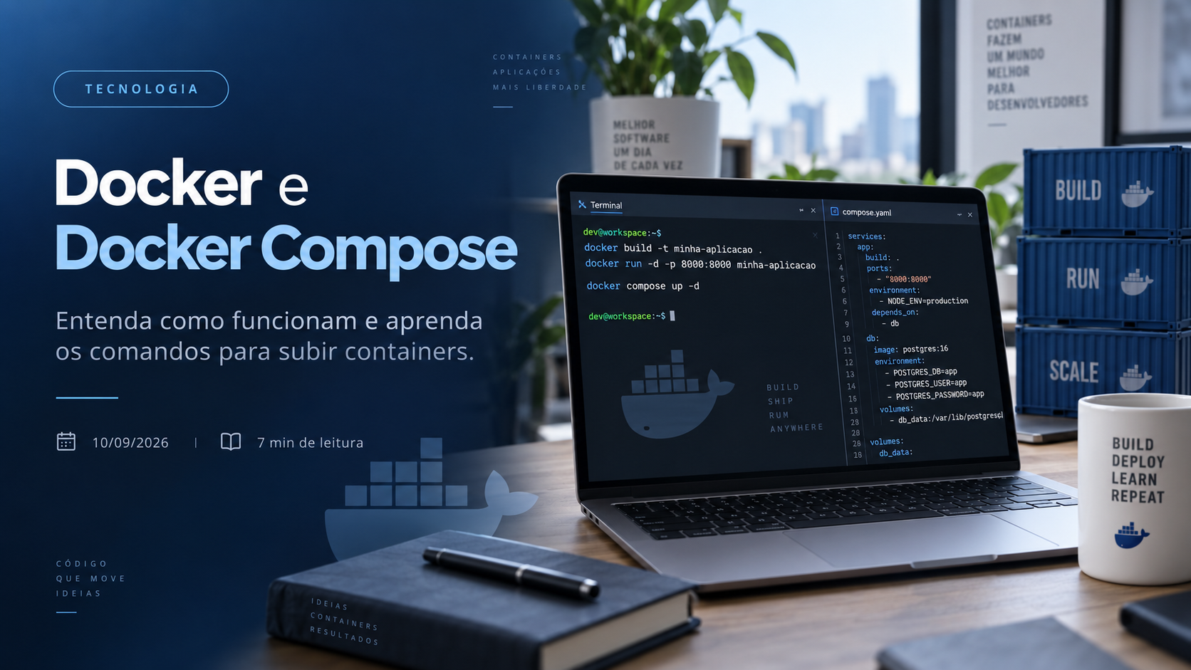 Capa do artigo Docker e Docker Compose: entenda como funcionam e aprenda a subir seus primeiros containers